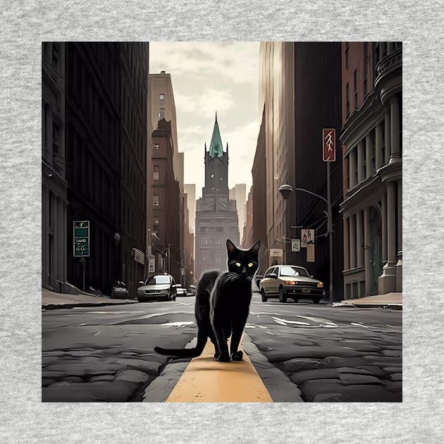 Digital art, Black Cat walking down a street in the city Sticker by MeatLuvers